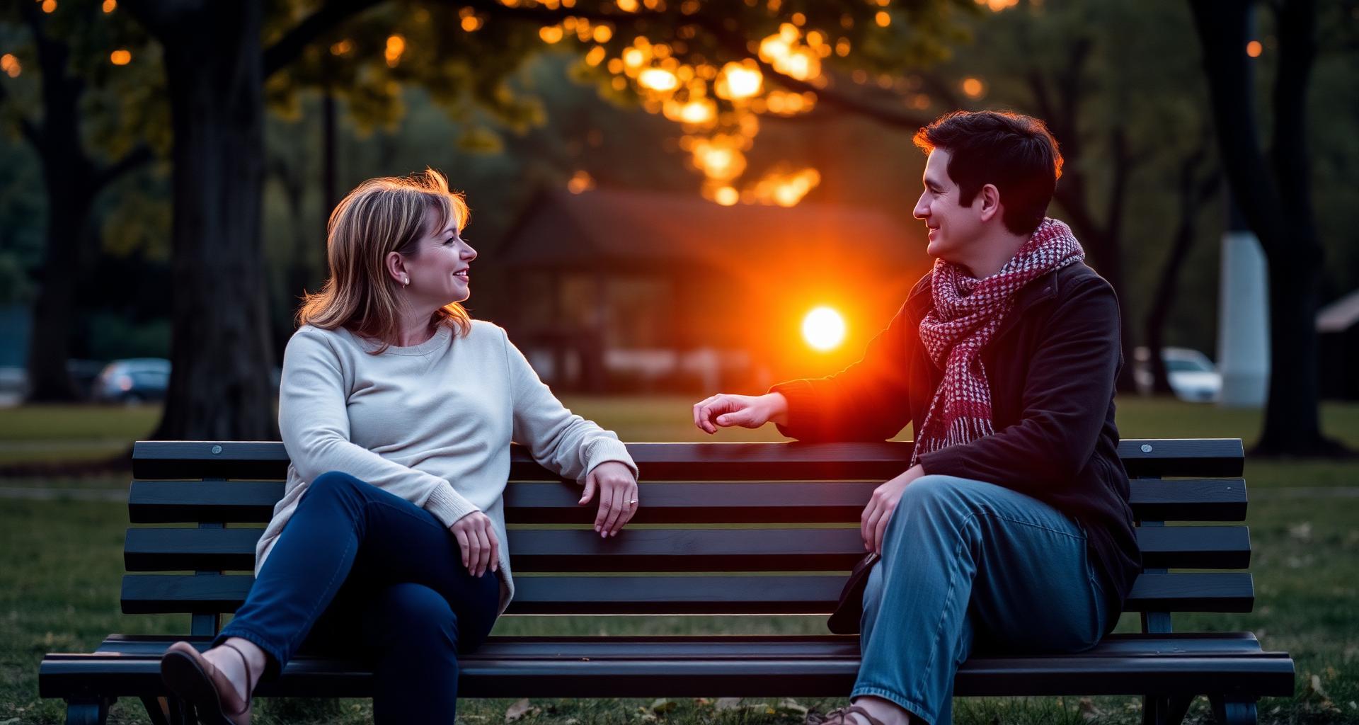 Two people talking on a park bench